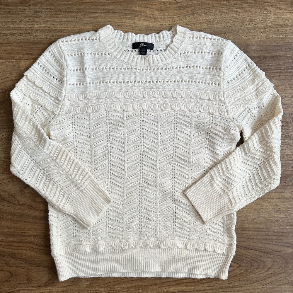 J.Crew Crewneck Scalloped Pointelle Merino Wool Sweater, Cream, Sz XS